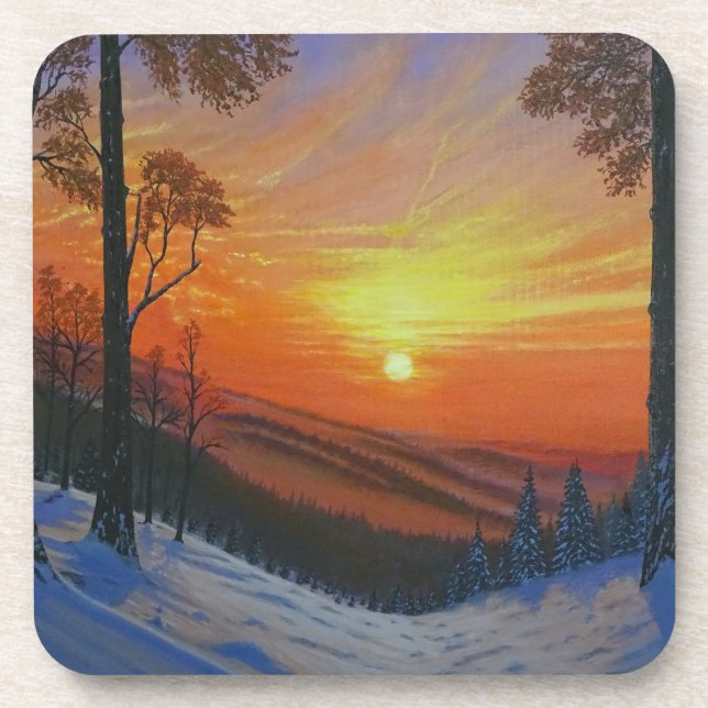 Coaster Set - "Sunset Over Snowy Forest" (Front)
