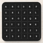 ABC|DEF
 GHIJKL
 M|N|OPQR
 STUVWX
 YZ0123
 456789  Coasters (Cork)