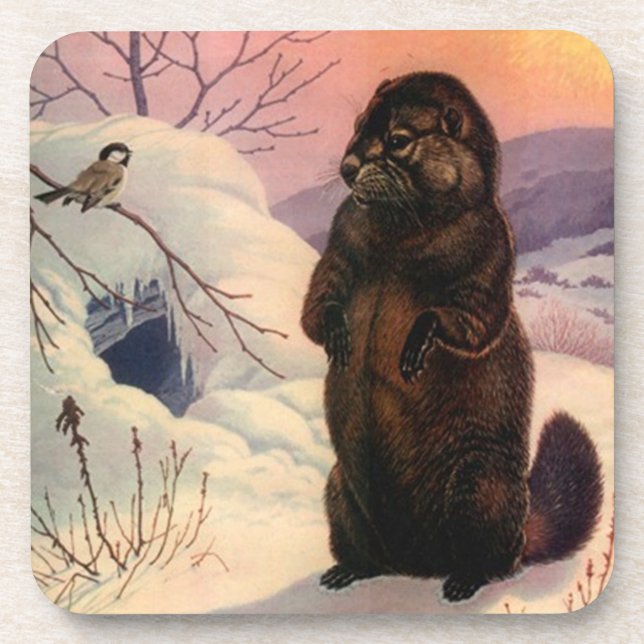 Coasters Winter Wildlife Chickadee bird & Beaver (Front)
