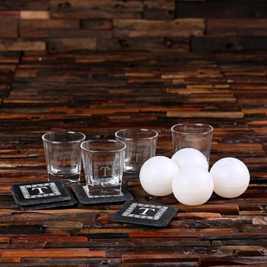 Coasters with Ice Ball Mold and Whiskey Glasses (Front)