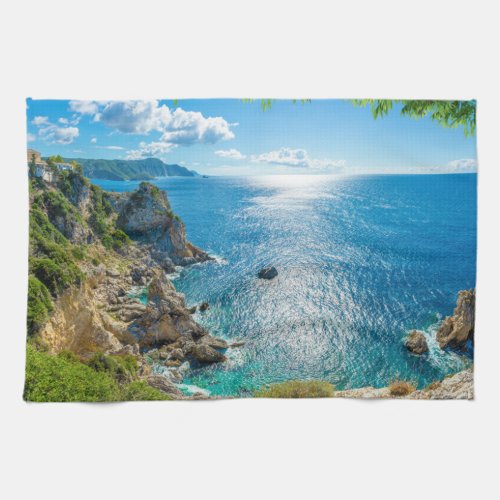 Coastline  Palaiokastritsa Corfu Greece Kitchen Towel