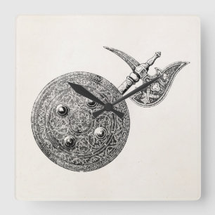 Coat of Arms Axe Shield Armor Medieval Weapon Square Wall Clock