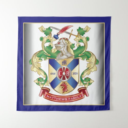 Coat of Arms Knight Shield Dragon Monogram Blue Tapestry