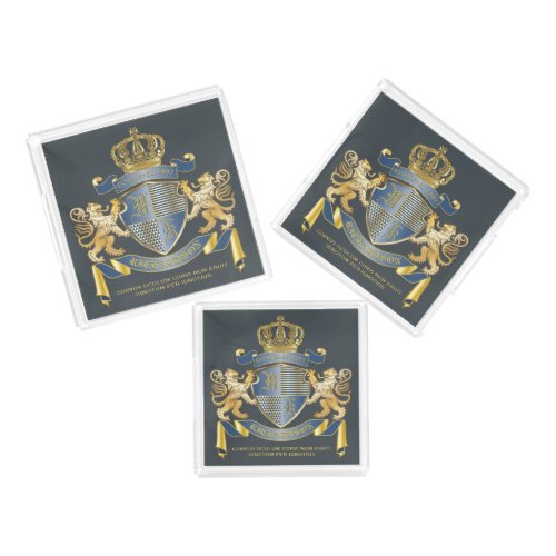 Coat of Arms Metallic Blue Gold Lion Ombre Emblem Acrylic Tray