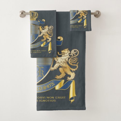Coat of Arms Metallic Blue Gold Lion Ombre Emblem Bath Towel Set
