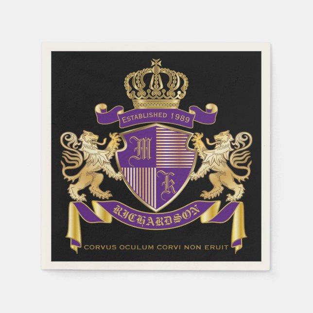 Coat of Arms Monogram Emblem Golden Lion Shield Napkins (Front)