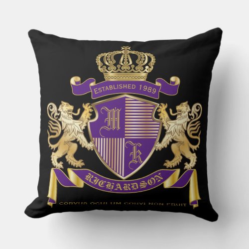 Coat of Arms Monogram Emblem Golden Lion Shield Throw Pillow