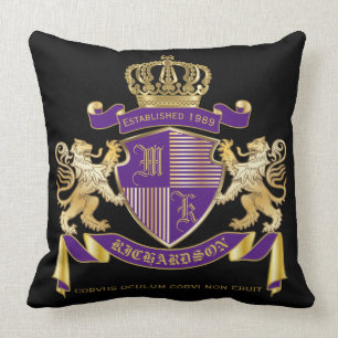 Coat of Arms Monogram Emblem Golden Lion Shield Throw Pillow