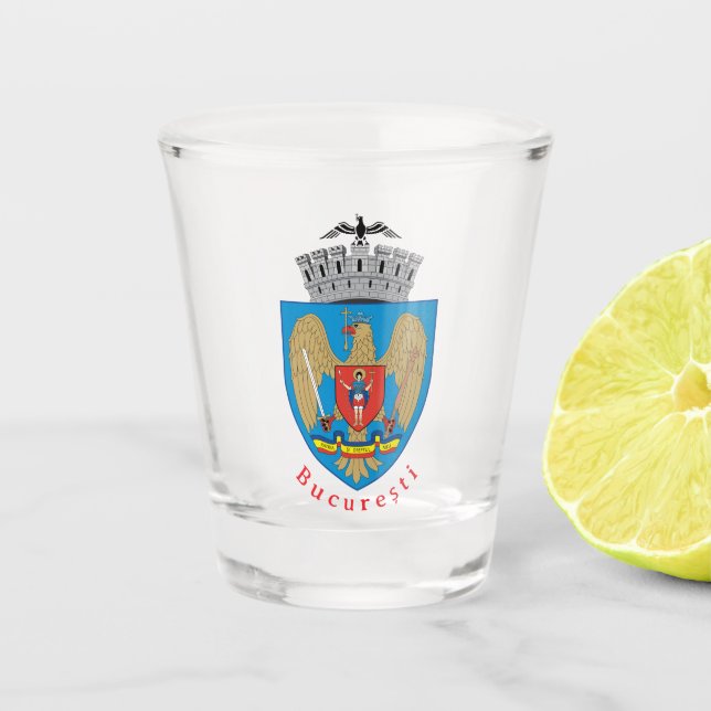 Coat of Arms of Bucharest, Romania Shot Glass (Front)