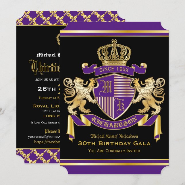 Coat of Arms Purple Gold Lion Emblem Birthday Invitation (Front/Back)