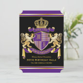Coat of Arms Purple Gold Lion Emblem Birthday Invitation (Standing Front)