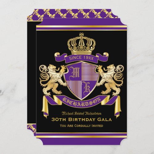 Coat of Arms Purple Gold Lion Emblem Birthday Invitation