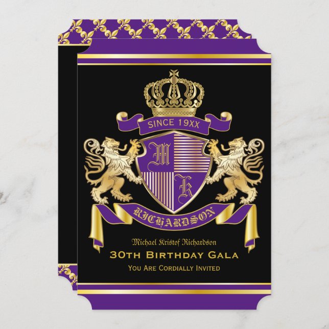 Coat of Arms Purple Gold Lion Emblem Birthday Invitation (Front/Back)
