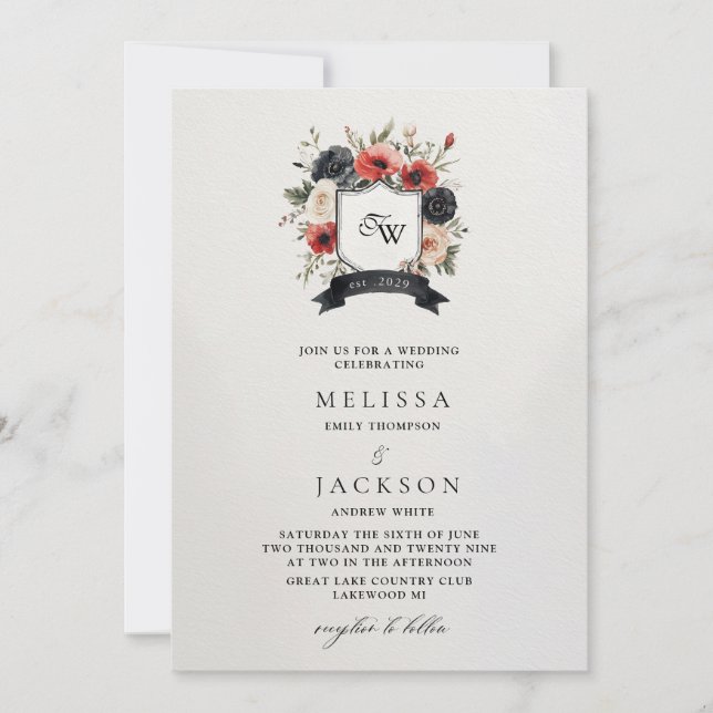 Coat of Arms with Red and White Anemones Wedding  Invitation (Front)
