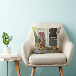Coat of Many Colors with Guitar and Cat Throw Pillow