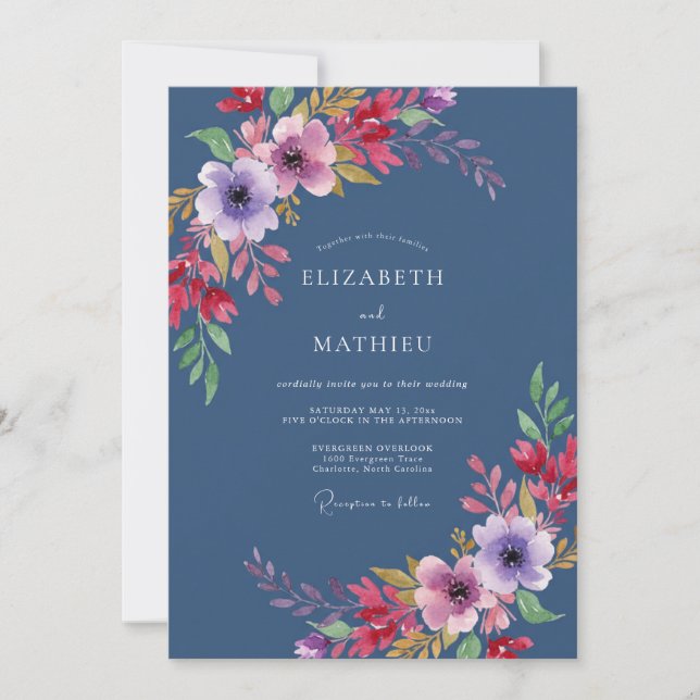 Cobalt Amethyst Leaf Wedding Invitation (Front)