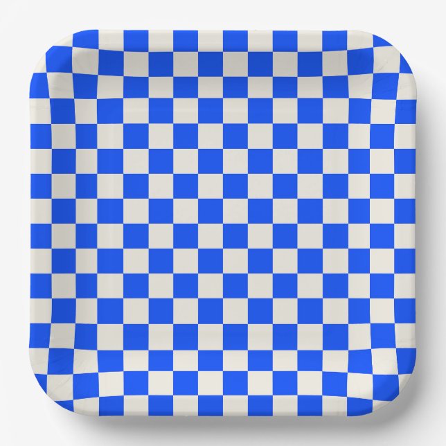 Cobalt and cream checkerboard pattern paper plates (Front)