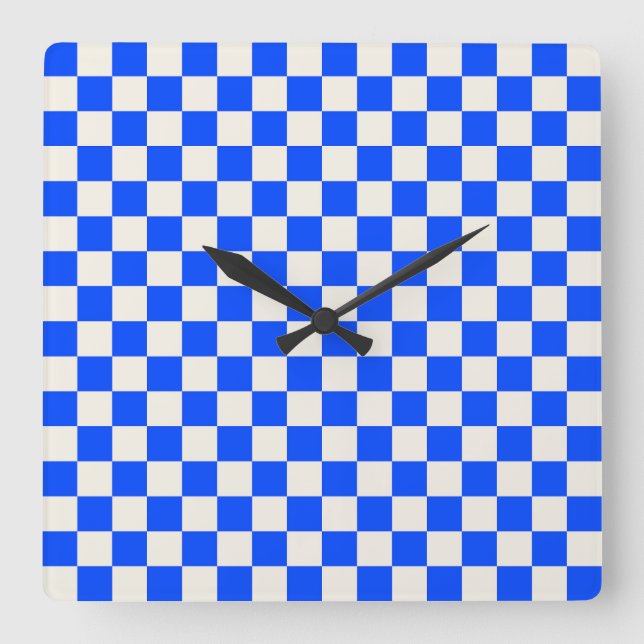 Cobalt and cream checkerboard pattern square wall clock (Front)