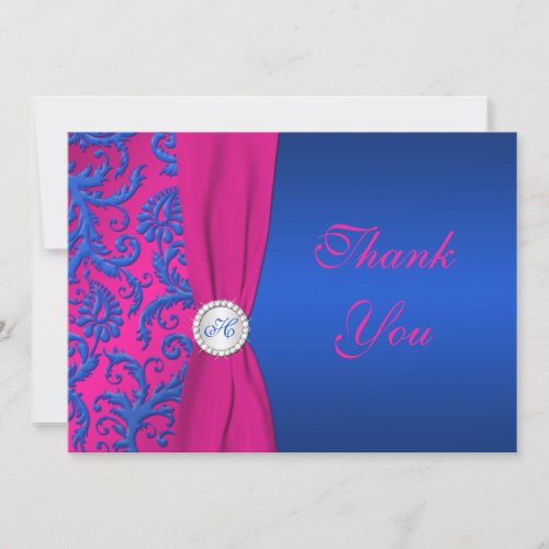 Cobalt and Fuchsia Damask Monogram Thank You Card