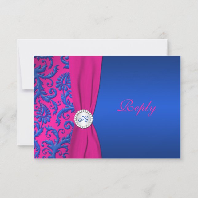 Cobalt and Fuchsia Damask RSVP Card (Front)
