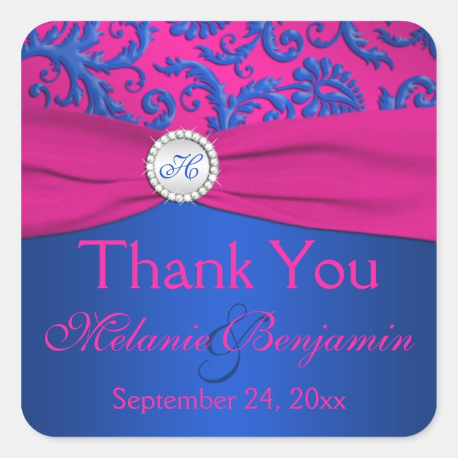 Cobalt and Fuchsia Damask Wedding Favor Sticker (Front)
