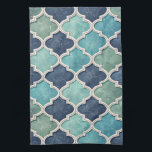 Cobalt and Teal Quatrefoil - Mediterranean Mosaic Kitchen Towel<br><div class="desc">A seamless geometric pattern kitchen towel inspired by classic Mediterranean and Moroccan tilework. This design features elegant quatrefoil shapes in rich shades of cobalt blue, teal, and aqua, accented with light cream outlines and subtle marbled textures. The combination of deep ocean hues and cracked-stone details creates a timeless yet modern...</div>