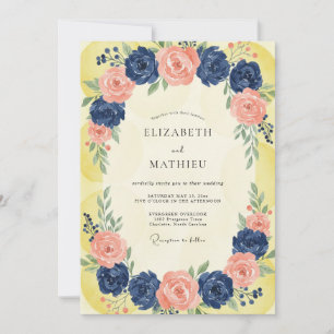 Cobalt Apricot Ranunculus Eucalyptus Wedding Invitation