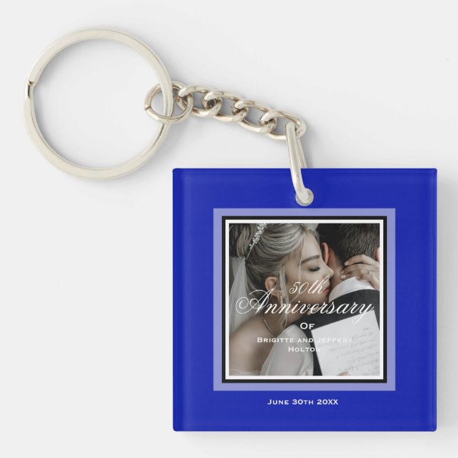 Cobalt blue 50th wedding anniversary couple keychain (Front)