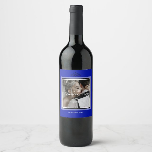 Cobalt blue 50th wedding photo custom anniversary wine label (Front)