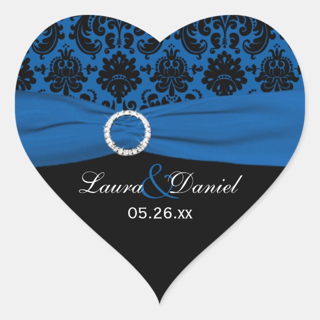 Cobalt Blue and Black Damask 1.5" Heart Sticker (Front)