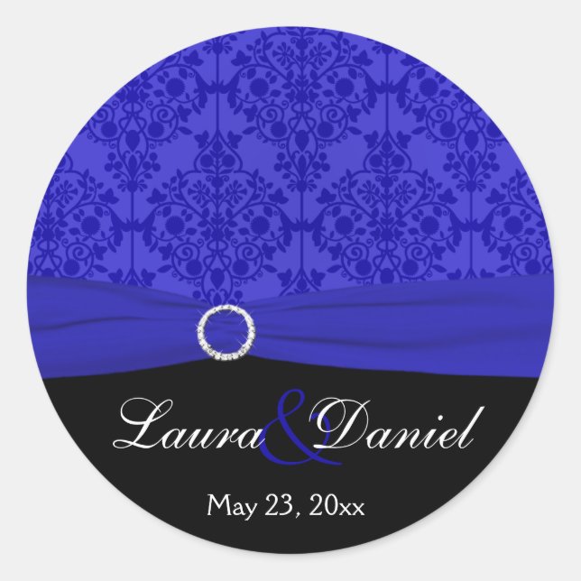 Cobalt Blue and Black Damask 1.5" Round Sticker (Front)