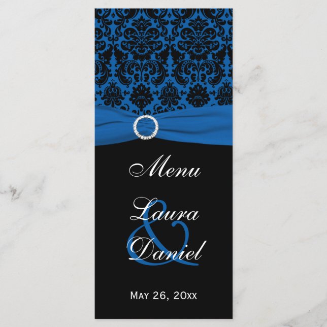 Cobalt Blue and Black Damask Menu Card (Front)
