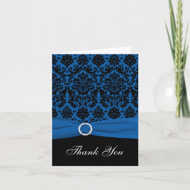 Cobalt Blue and Black Damask Thank You Note Card (Front)