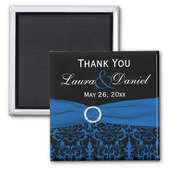 Cobalt Blue and Black Damask Wedding Favor Magnet (Front)