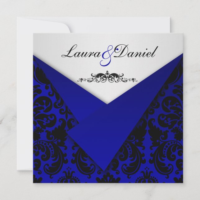 Cobalt Blue and Black Damask Wedding Invitation (Front)