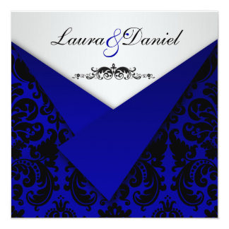 Cobalt Blue and Black Damask Wedding Invitation
