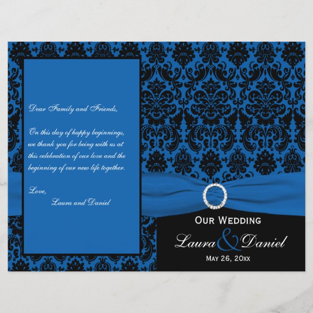 Cobalt Blue and Black Damask Wedding Program (Front)