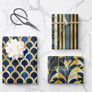 Cobalt Blue and Gold Art Deco Marble pattern Wrapping Paper Sheets