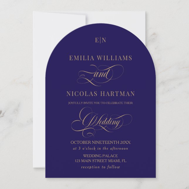 Cobalt Blue and Gold Monogram Elegant Wedding Invitation (Front)