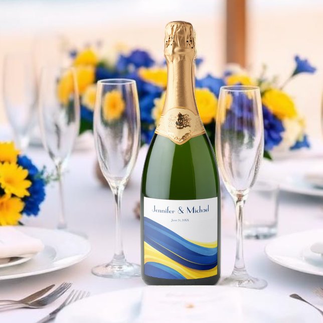 Cobalt Blue and Lemon Yellow Modern Wedding Sparkling Wine Label (Cobalt Blue and Lemon Yellow Modern Wedding Sparkling Wine Label )