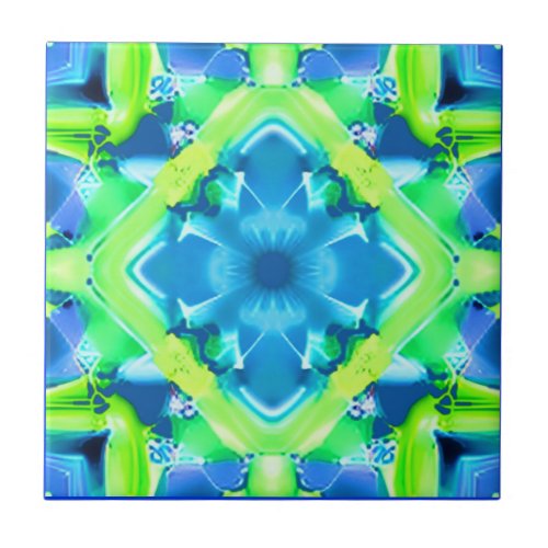 Cobalt Blue and Lime Green Tie Dye Pattern  Ceramic Tile