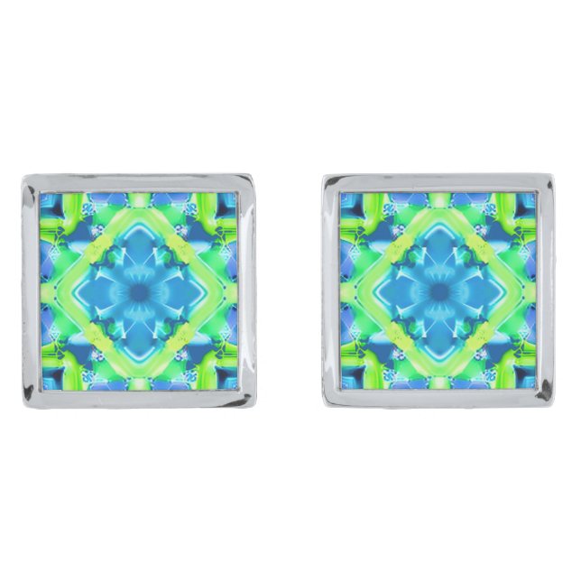 Cobalt Blue and Lime Green Tie Dye Pattern  Cufflinks (Front)