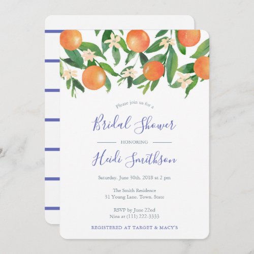 Cobalt Blue And Orange Citrus Bridal Shower Invitation