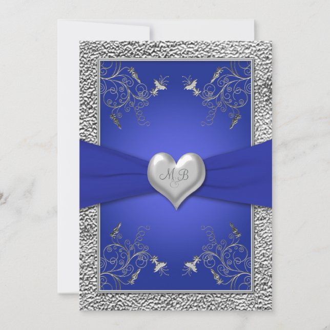 Cobalt Blue and Pewter Heart Monogram Invitation (Front)