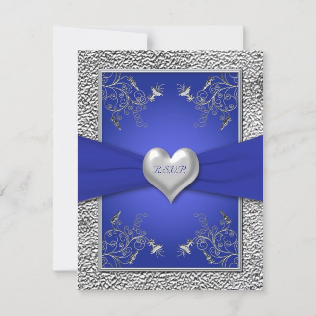 Cobalt Blue and Pewter Heart RSVP Card (Front)