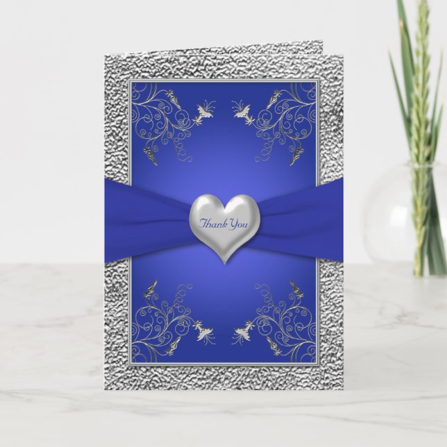 Cobalt Blue and Pewter Heart Thank You Card (Front)