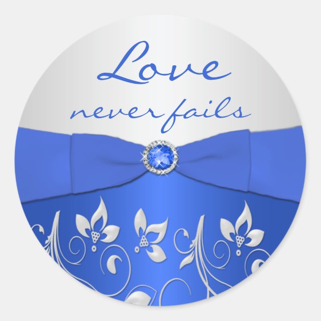 Cobalt Blue and Silver Floral 1.5" Round Sticker (Front)