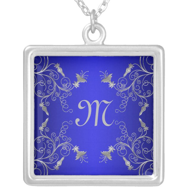 Cobalt Blue and Silver Floral Monogram Necklace (Front)