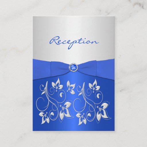 Customizable Cobalt Blue and Silver Floral Reception Card Business Card Templates