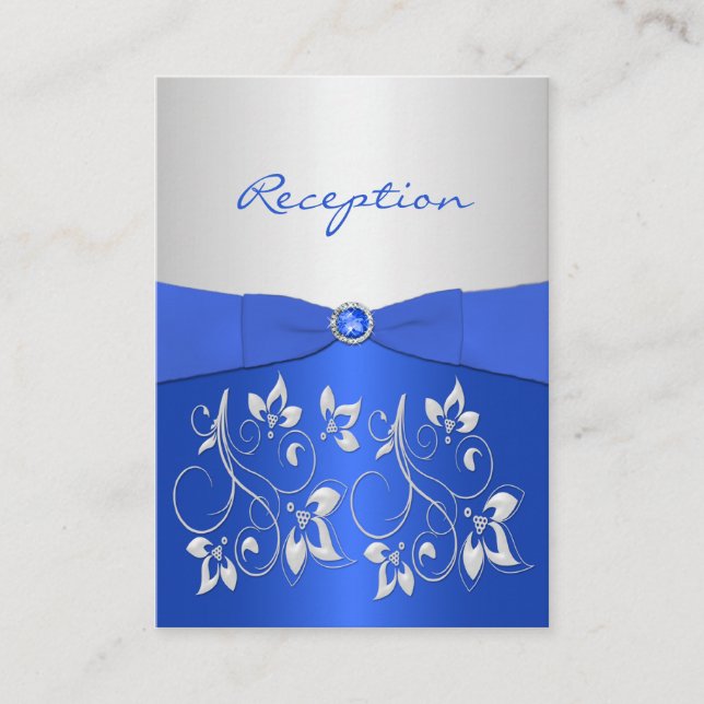 Cobalt Blue and Silver Floral Reception Card (Front)
